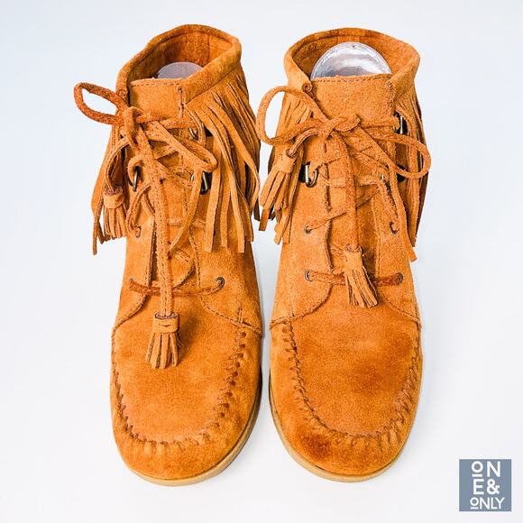 MINNETONKA Brown Ankle Boots Leather Fringe Wedge Heel Tasseled Boho Womens 7.5 - Picture 6 of 11